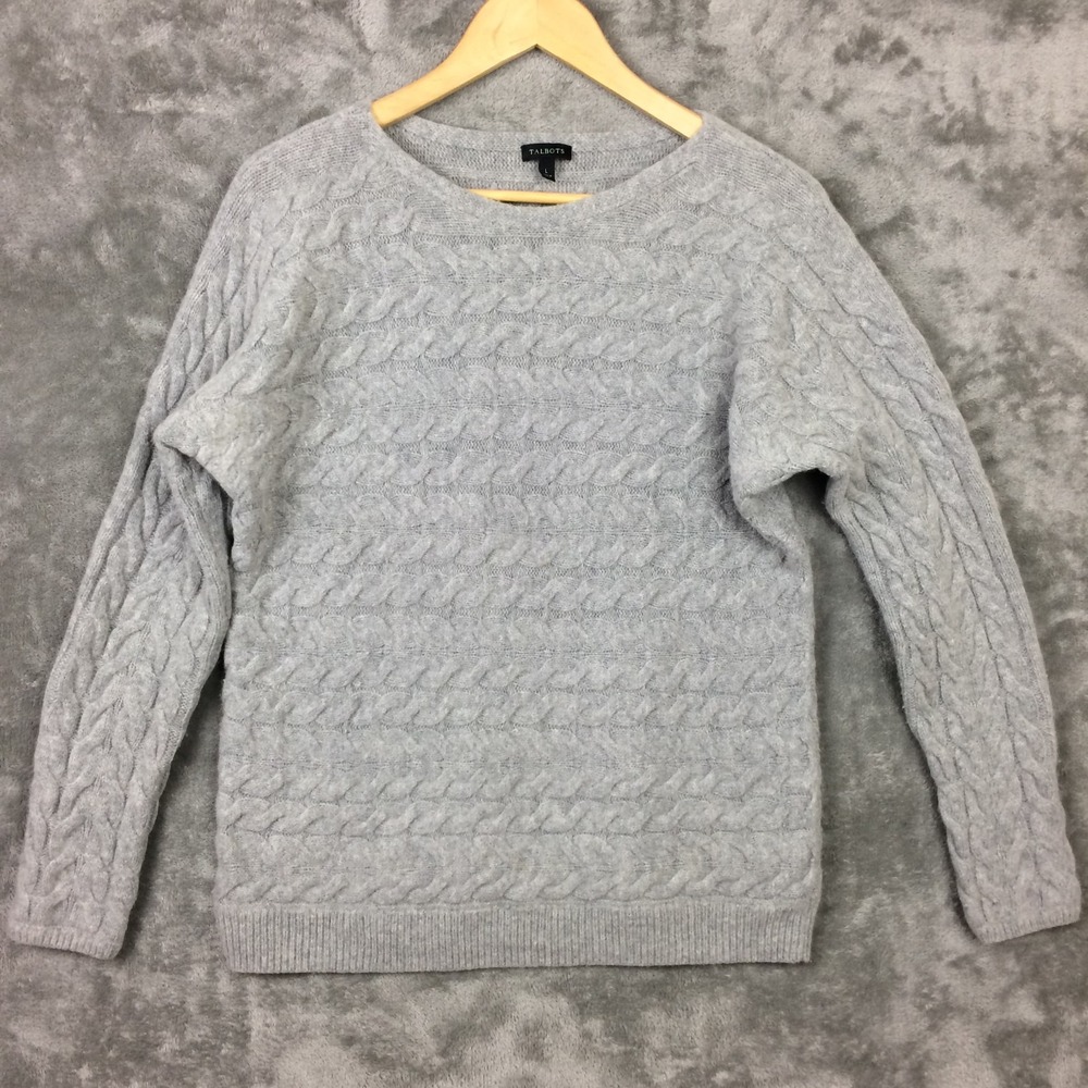 Talbots Cable Knit‎ Sweater Womens Large Merino Wool Nylon Cashmere Grey